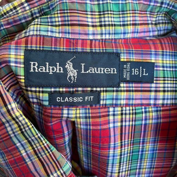 Ralph Lauren Men's Classic Fit Red And Green Plaid Button Down Shirt Size 16/L - Picture 8 of 10